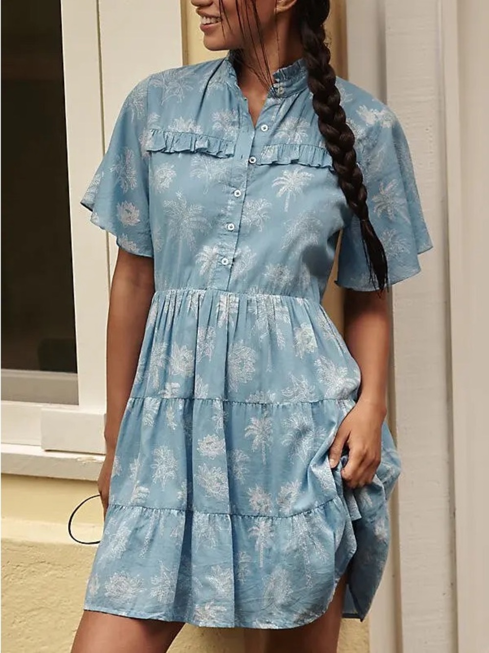 Ro’s Garden Vibeka Ruffle Mini Dress Blue Palm Print Tiered Cotton Medium